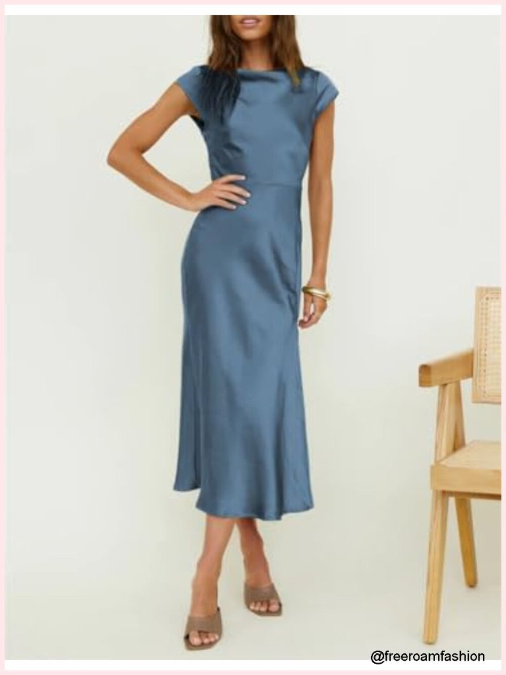 Polyester Backless Twist Cap Sleeve Midi Dress Cowl Neck Side Slit Wedding Guest - Picture 4 of 6